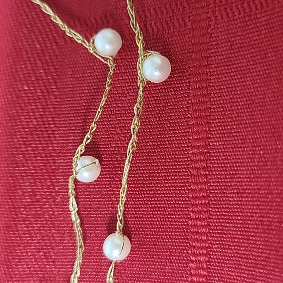 Beaded Sweater Necklace. Faux Pearl Beads. Delicate Gold Metallic Thread - Picture 3 of 8